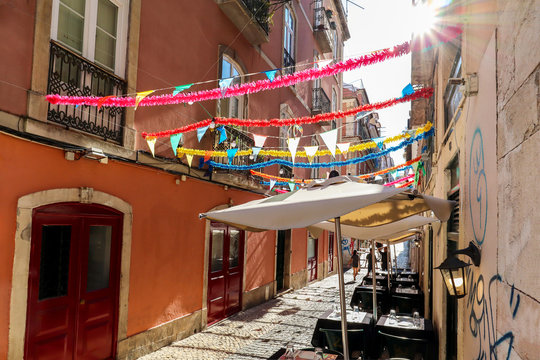 View to the Bairro Alto district in the historic center of Lisbon, traditional facades in the streets of the old town, Portugal Europe