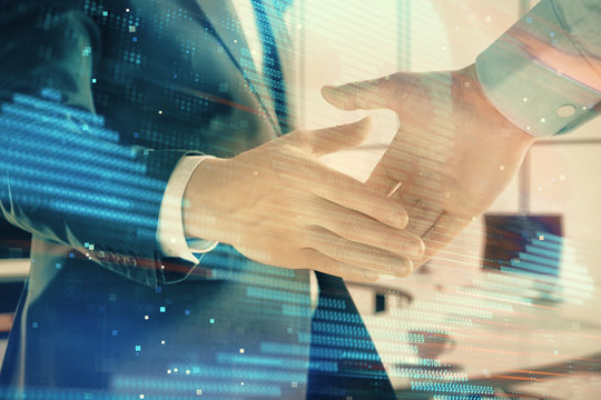 Double exposure of hacking theme hologram on office background with two men handshake. Concept of data security