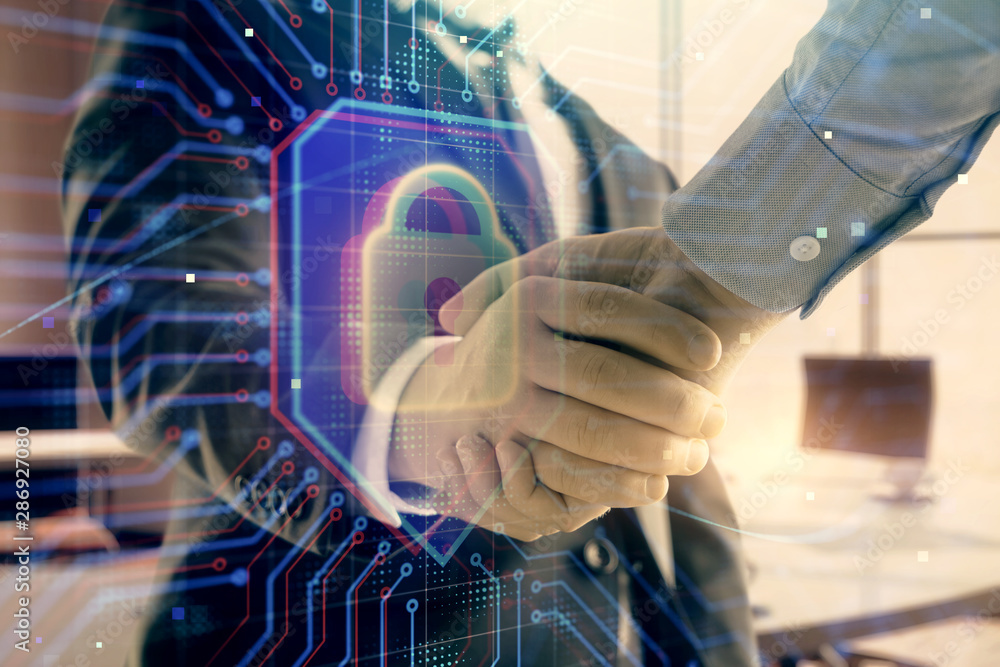 Poster double exposure of lock icon hologram on office background with two men handshake. concept of data s
