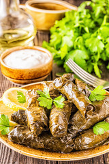 Dolma, stuffed grape leaves with rice and meat.