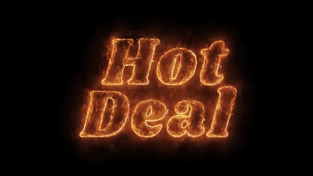 Hot Deal Word Hot Animated Burning Realistic Fire Flame and Smoke Seamlessly loop Animation on Isolated Black Background. Fire Word, Fire Text, Flame word, Flame Text, Burning Word, Burning Text.