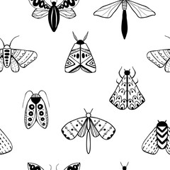 Hand drawn doodle moths. Seamless pattern