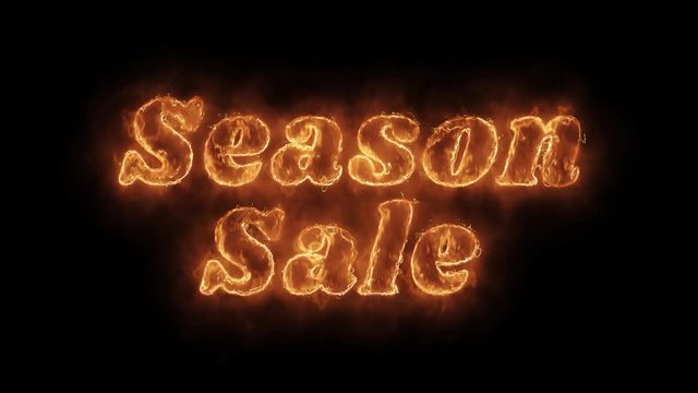 Season Sale Word Hot Animated Burning Realistic Fire Flame and Smoke Seamlessly loop Animation on Isolated Black Background. Fire Word, Fire Text, Flame word, Flame Text, Burning Word, Burning Text.