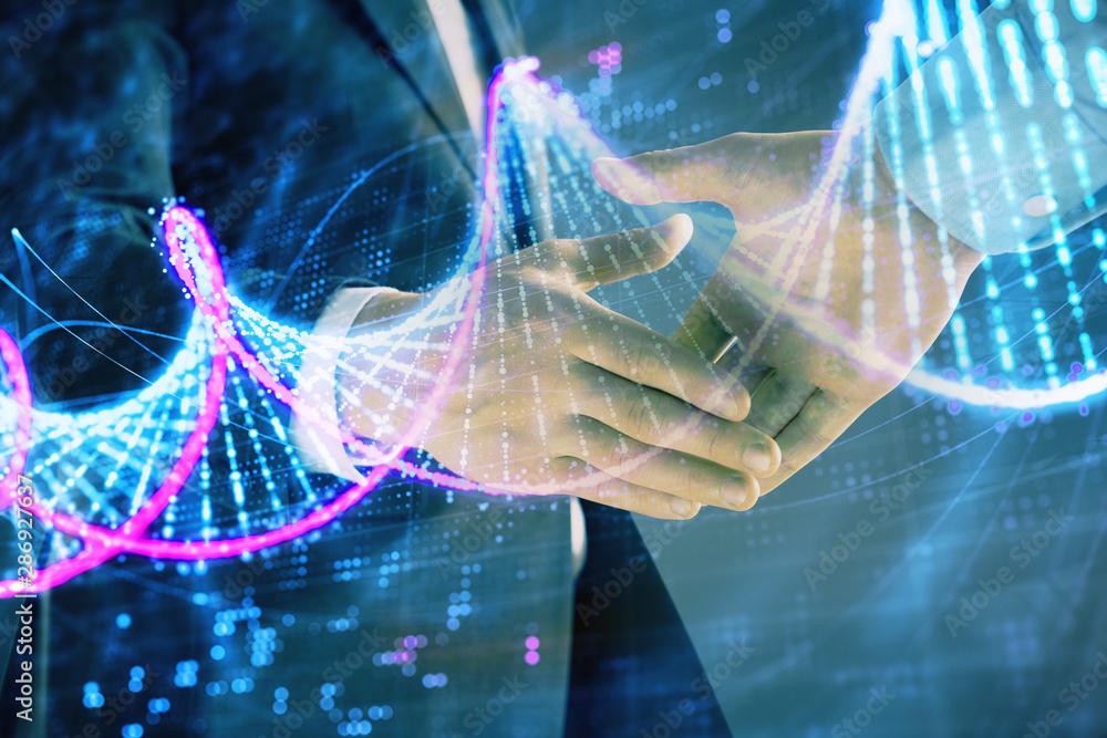 Poster multi exposure of dna hologram on abstract background with two men handshake. concept of bioengineer