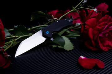 Knife and a bouquet of flowers. Knife and red roses. Spicy and prickly.