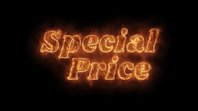 Special Price Word Hot Animated Burning Realistic Fire Flame and Smoke Seamlessly loop Animation on Isolated Black Background. Fire Word, Fire Text, Flame word, Flame Text, Burning Word, Burning Text.