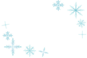 Watercolor hand painted winter frozen frame with different snowflakes in the corners for invitations and greeting cards with the space for text