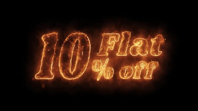 Flat 10% Percent Off Word Hot Animated Burning Realistic Fire Flame and Smoke Seamlessly loop Animation on Isolated Black Background. Fire Word, Fire Text, Flame word, Flame Text, Burning Word