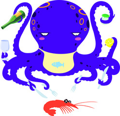 Vector cartoon drawing of gourmand octopus at dinner