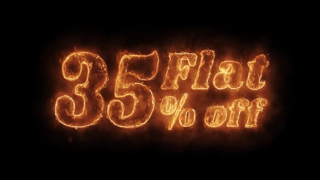 Flat 35% Percent Off Word Hot Animated Burning Realistic Fire Flame and Smoke Seamlessly loop Animation on Isolated Black Background. Fire Word, Fire Text, Flame word, Flame Text, Burning Word