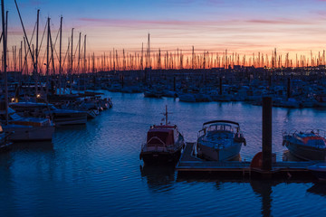 Colorful sunset in the port of Minimes of La Rochelle, France