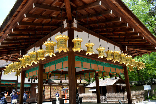 Traditional Japanese Lanterns and Tapestry in Temple