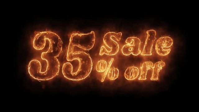 Sale 35% Percent Off Word Hot Animated Burning Realistic Fire Flame and Smoke Seamlessly loop Animation on Isolated Black Background. Fire Word, Fire Text, Flame word, Flame Text, Burning Word