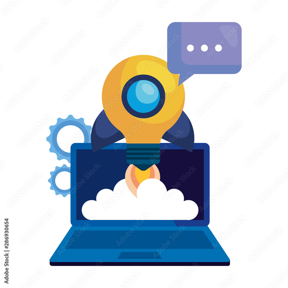 Poster laptop computer with rocket bulb and speech bubble