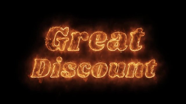 Great Discount Word Hot Animated Burning Realistic Fire Flame and Smoke Seamlessly loop Animation on Isolated Black Background. Fire Word, Fire Text, Flame word, Flame Text, Burning Word, Burning Text