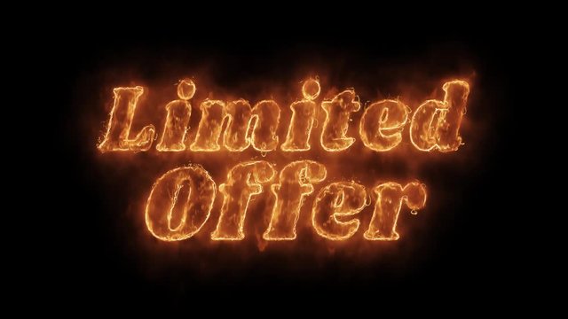 Limited Offer Word Hot Animated Burning Realistic Fire Flame and Smoke Seamlessly loop Animation on Isolated Black Background. Fire Word, Fire Text, Flame word, Flame Text, Burning Word, Burning Text.