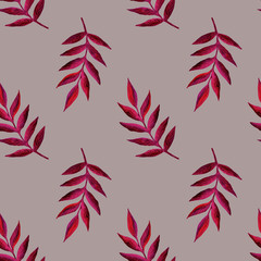 Fototapeta na wymiar Watercolor illustration pattern of a bright red and neon pink autumn cute rowan leaves. Hand drawn isolated on a dusty beige background.