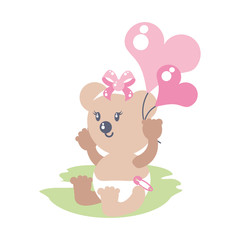 cute female bear baby with balloons helium in heart shape