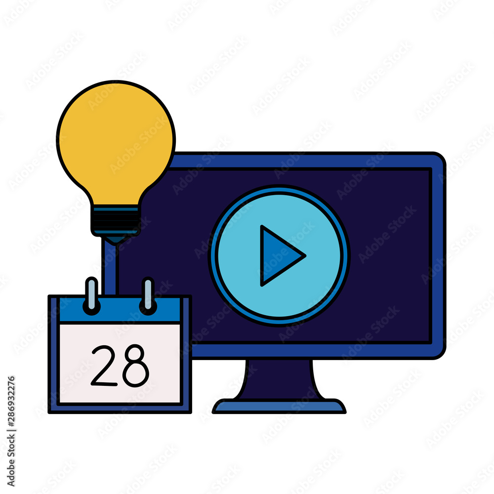 Poster desktop computer with bulb and calendar