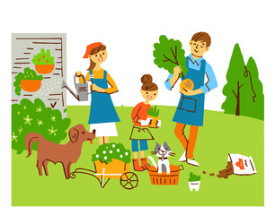 ガーデニングをする家族