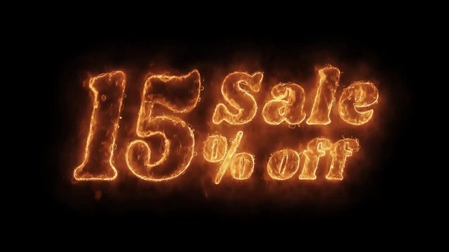 Sale 15% Percent Off Word Hot Animated Burning Realistic Fire Flame and Smoke Seamlessly loop Animation on Isolated Black Background. Fire Word, Fire Text, Flame word, Flame Text, Burning Word