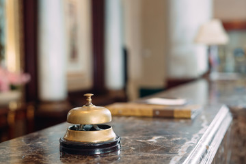 Shot of a Desk Bell in hotel. - obrazy, fototapety, plakaty
