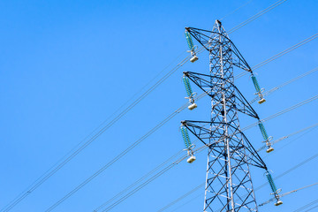 View from below of an electricity pylon supporting an overhead high-voltage power line against blue sky.