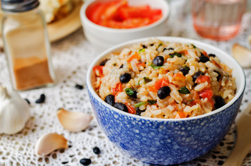 Mexican tomato black beans rice with cilantro
