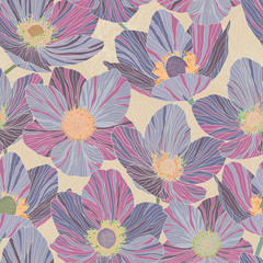 Seamless pattern beautiful violet flowers, beige background, stained glass style