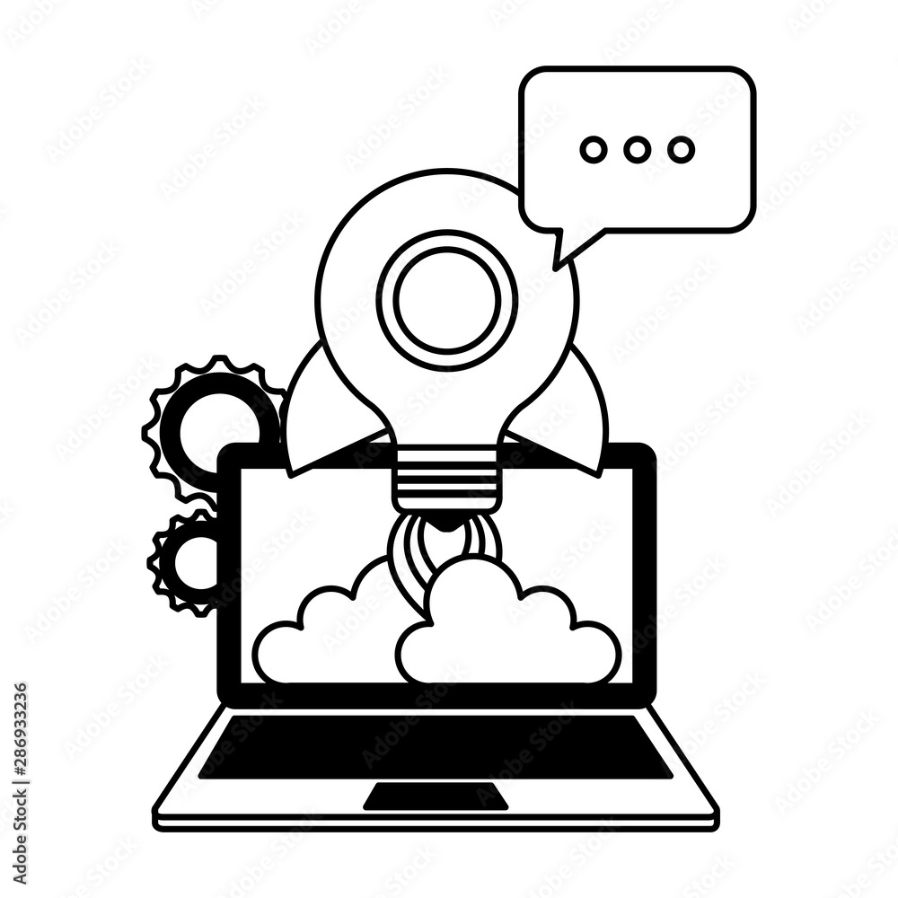 Poster laptop computer with rocket bulb and speech bubble