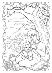 Fototapeta na wymiar Young beautiful girl hugs a dog and eats an apple. Coloring for print.