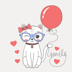 Cute cat girl with balloon, glasses. Smile slogan. Cartoon vector illustration design for t-shirt graphics, fashion prints