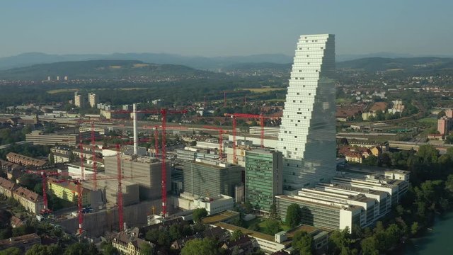 summer day basel city modern district construction riverside aerial panorama 4k switzerland