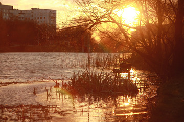 Spring sunset landscape. The setting sun is reflected in the city pond in Ukraine, Kharkov.