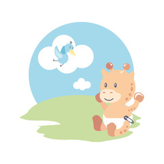 stork and cute giraffe baby animal