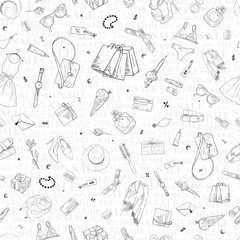 Seamless pattern with shopping sale icons. Woman holiday purchase, hand drawn background