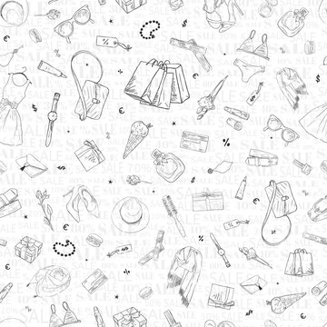 Seamless pattern with shopping sale icons. Woman holiday purchase, hand drawn background