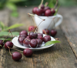 cherry berries in raindrops lie in a mug on a wooden table against a background of greenery