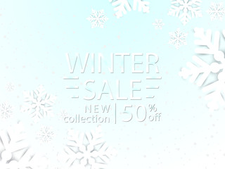 Naklejka na ściany i meble Winter sale vector banner design with white snowflakes elements and winter sale text in snow pattern background for shopping promotion. Vector illustration.