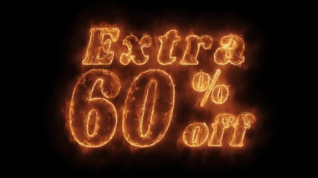 Extra 60% Percent Off Word Hot Animated Burning Realistic Fire Flame and Smoke Seamlessly loop Animation on Isolated Black Background. Fire Word, Fire Text, Flame word, Flame Text, Burning Word