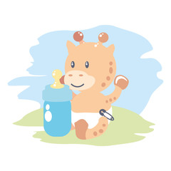 cute giraffe baby animal and bottle milk