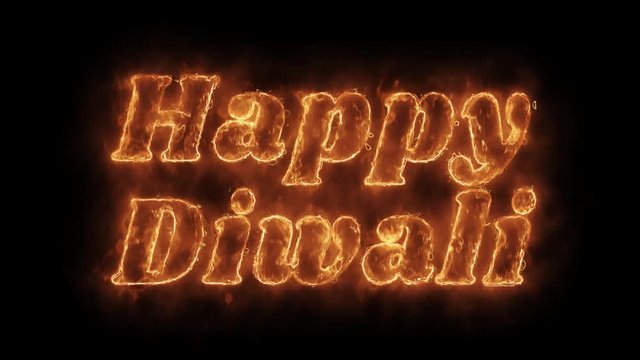 Happy Diwali Word Hot Animated Burning Realistic Fire Flame and Smoke Seamlessly loop Animation on Isolated Black Background. Fire Word, Fire Text, Flame word, Flame Text, Burning Word, Burning Text.