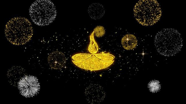 Diwali, diwali diya, diwali lamp, diya Icon on Glitter Golden Particles Effect Firework. Object, Shape, Text, Design, Element, symbol 4K Animation.