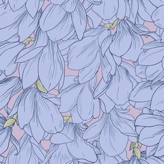Magnolia pattern, line floral ornament. Seamless background. Hand drawn illustration in vintage style, pastel blue