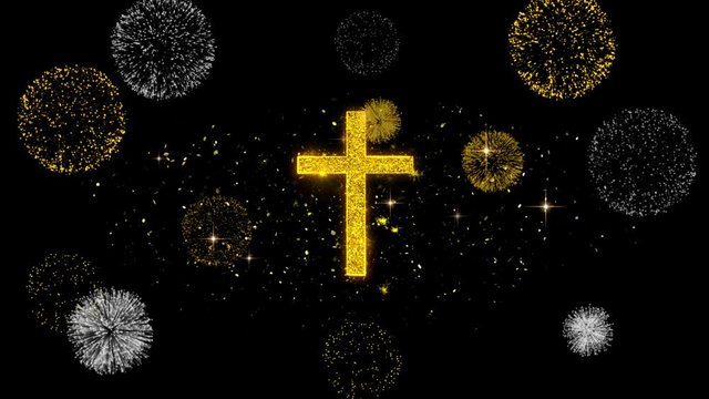 Church Cross Christianity Religion Icon on Glitter Golden Particles Effect Firework. Object, Shape, Text, Design, Element, symbol 4K Animation.