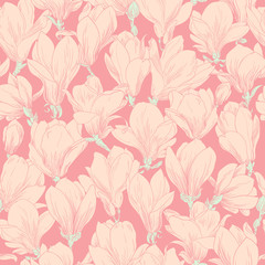 Fototapeta premium Magnolia pattern, line floral ornament. Seamless background. Hand drawn illustration in vintage style, pink