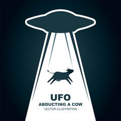 UFO abducts cow. Aliens ship vector illustration. Flat design. Part of set. © Goga