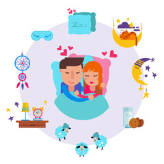 Fototapeta na wymiar Loving man and woman sleeping together vector illustration. Young man, woman couple sleep, sweet dreams clouds, stars, hearts pillow and counting sheeps.
