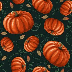Seamless pattern with bright pumpkins on green background. Сolorful autumn background with oranges pumpkins, fallen leaves and floral elements. Perfect for your design
