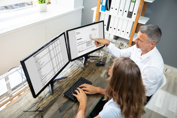 Two Businesspeople Checking Invoice On Computer